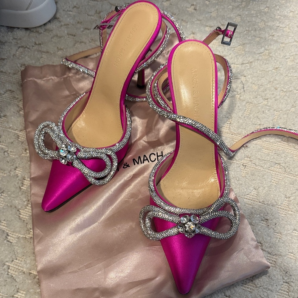 MACH & MACH Fuchsia Satin Heels with Crystal Bow
